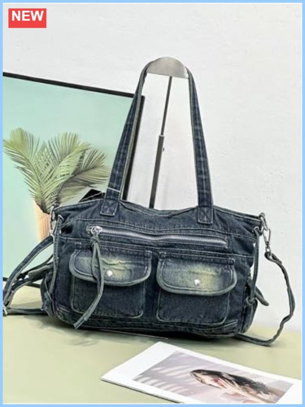 New Washed Denim Messenger Bag for Women Cute Jean Purse Handbag with Straps - Picture 6 of 6